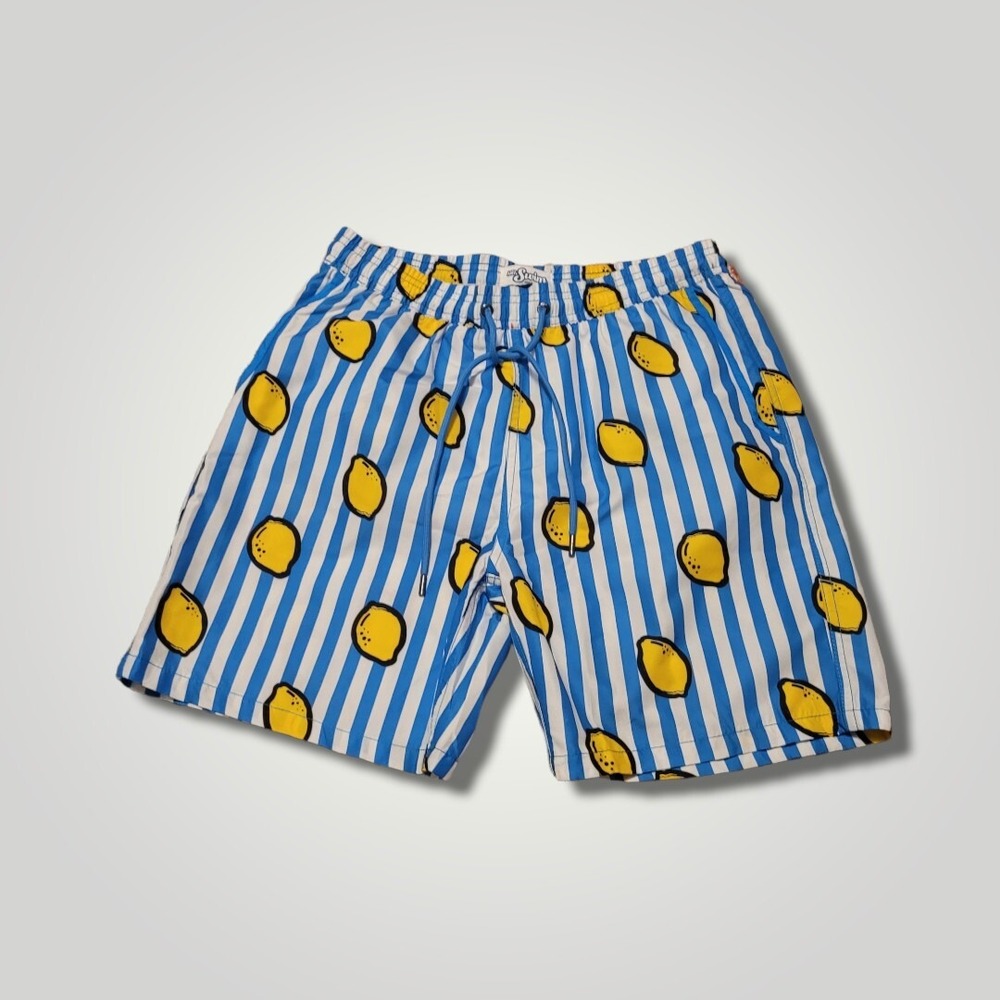 Mr. Swim Stripe Lemon Swim Trunks Mens Blue White  Size L New